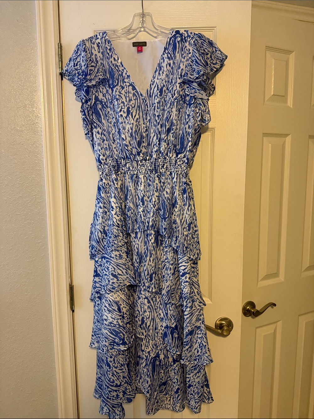 Vince Camuto Blue & White Tiered V-Neck Midi Dress